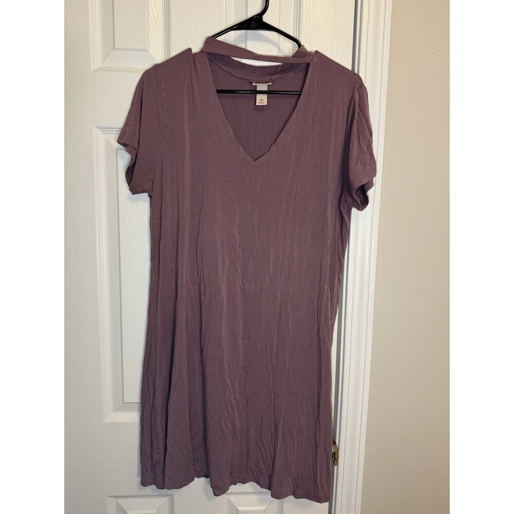 Mossimo Women's XXL Purple Choker Neck V-Neck Short Sleeve T-Shirt Dress Mini